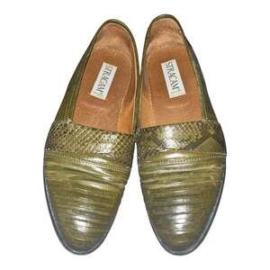 Stracam Vintage Men's Olive Green Genuine Snakeskin Pattern Slip-On Dress Shoes